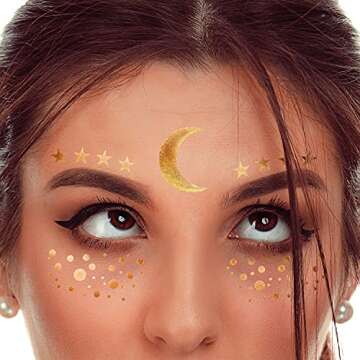 Face Tattoo Sticker Metallic Shiny Temporary Water Transfer Tattoo for Professional Make Up Dancer Costume Parties, Shows Gold Glitter