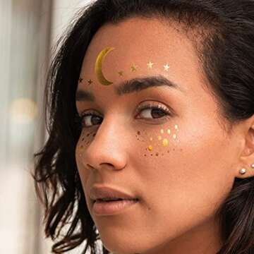 Face Tattoo Sticker Metallic Shiny Temporary Water Transfer Tattoo for Professional Make Up Dancer Costume Parties, Shows Gold Glitter