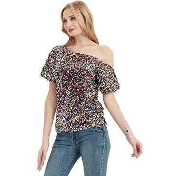 Sparkly One Shoulder Sequin Top Shirt for Women