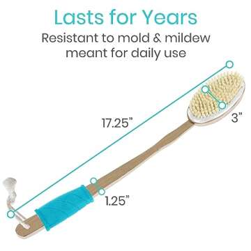 Vive Shower Back Brush - Body Scrubber for Men & Women - Long Handle Bath Brush for Showering, Dry & Wet Brushing - Washer Scrub, Exfoliator, Cleaner, Scratcher for Elderly - Soft & Stiff Bristles