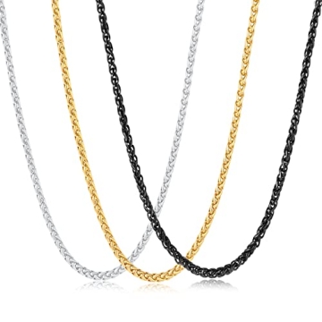 Garysiom Men's 3 Pcs Chain Necklace Set - Gold, Black, Silver Wheat - 20 Inch