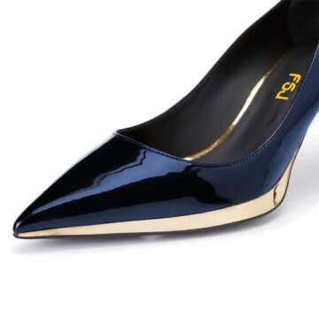 FSJ Women Classic Gold Chain Chunky Heel Pumps Pointed Toe Slip On High Heel Ladies Office Fashion Dressy Comfy Evening Shoes Size 8 Blue