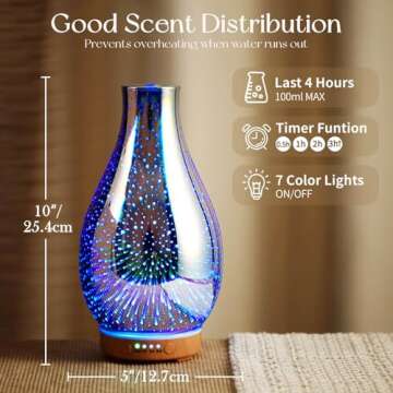 Porseme Essential Oil Diffuser 3D Glass Aromatherapy Ultrasonic Humidifier Cool Mist, Auto Shut-Off, Timer Setting, BPA Free for Home Office Hotel Yoga Gym Leisure SPA Gift 100ml