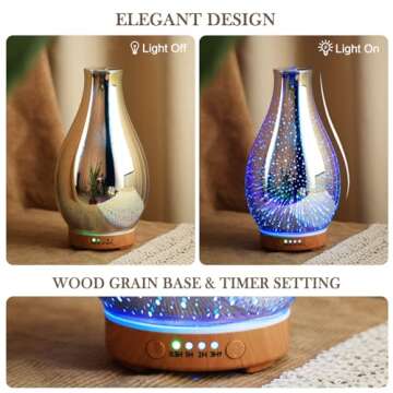 Porseme Essential Oil Diffuser 3D Glass Aromatherapy Ultrasonic Humidifier Cool Mist, Auto Shut-Off, Timer Setting, BPA Free for Home Office Hotel Yoga Gym Leisure SPA Gift 100ml