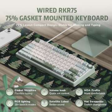 RK ROYAL KLUDGE R75 Mechanical Keyboard Wired with Volume Knob, 75% Custom Gaming Keyboard Gasket Mo...
