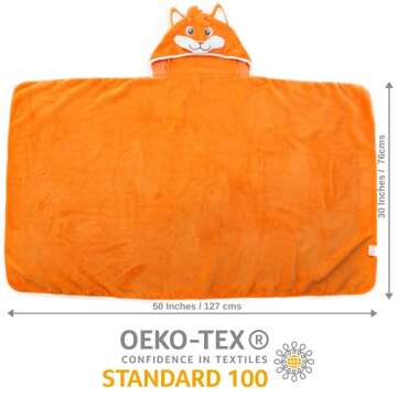 Little Tinkers World Premium Hooded Towels for Kids | Beach Or Bath Towel | Fox Design | Ultra Soft and Extra Large | 100% Cotton Childrens Swimming/Bath Towel with Hood for Girls and Boys