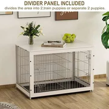 Piskyet Wooden Dog Crate Furniture with Divider Panel, Dog Crate End Table with Fixable Slide Tray, Double Doors Dog Kennel Indoor Furniture Style, Pet Crate Table for Medium Dogs-White, 38*25*26.5''