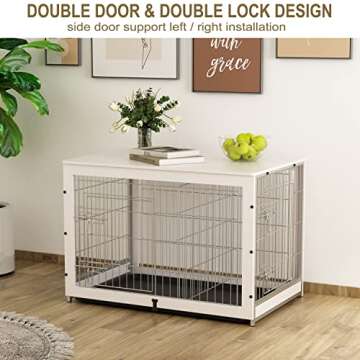 Piskyet Wooden Dog Crate Furniture with Divider Panel, Dog Crate End Table with Fixable Slide Tray, Double Doors Dog Kennel Indoor Furniture Style, Pet Crate Table for Medium Dogs-White, 38*25*26.5''