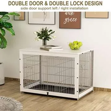Piskyet Wooden Dog Crate Furniture with Divider Panel, Dog Crate End Table with Fixable Slide Tray, Double Doors Dog Kennel Indoor Furniture Style, Pet Crate Table for Medium Dogs-White, 38*25*26.5''