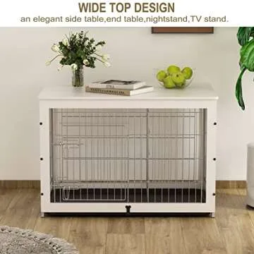 Piskyet Wooden Dog Crate Furniture with Divider Panel, Dog Crate End Table with Fixable Slide Tray, Double Doors Dog Kennel Indoor Furniture Style, Pet Crate Table for Medium Dogs-White, 38*25*26.5''