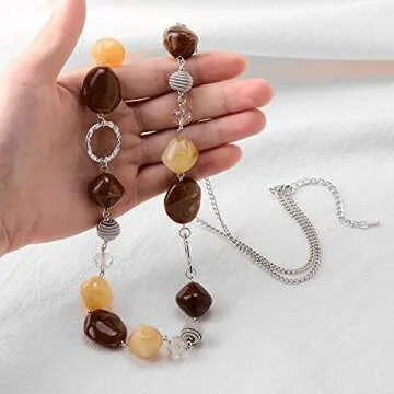 BULINLIN Beaded Long Necklace for Women Silver Sweater Chain Necklace with Crystal Resin Beads, Fashion Jewelry Necklace(Beige and coffee)