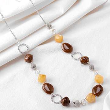 BULINLIN Beaded Long Necklace for Women Silver Sweater Chain Necklace with Crystal Resin Beads, Fashion Jewelry Necklace(Beige and coffee)