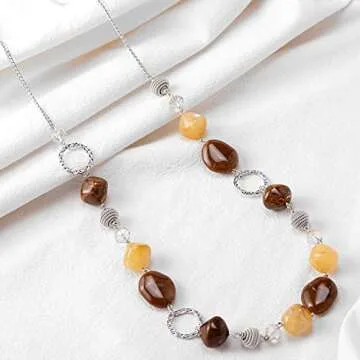 BULINLIN Beaded Long Necklace for Women Silver Sweater Chain Necklace with Crystal Resin Beads, Fashion Jewelry Necklace(Beige and coffee)