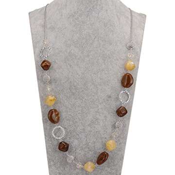 BULINLIN Beaded Long Necklace for Women Silver Sweater Chain Necklace with Crystal Resin Beads, Fashion Jewelry Necklace(Beige and coffee)