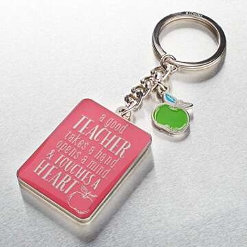 Christian Art Gifts Teacher Appreciation Keychain with Scripture: A Good Teacher Touchers a Heart - 1 Cor. 16:14 Inspirational Bible Verse Pink Keychain with Apple Charm Accessory & Split Key Ring