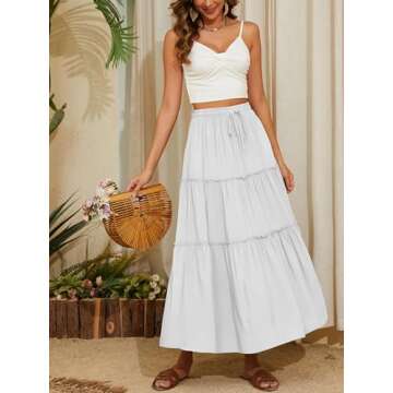 NASHALYLY Skirts for Women Boho Elastic Waisted Drawstring Swing Ruched 3 Tiered Maxi Skirt with Pockets(White,XS)