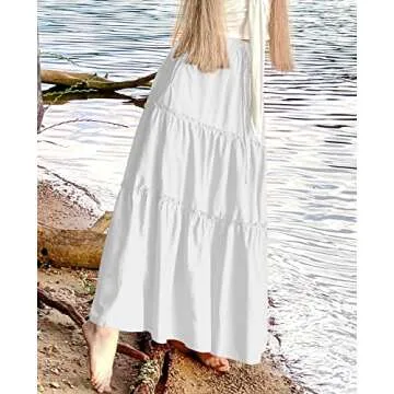NASHALYLY Skirts for Women Boho Elastic Waisted Drawstring Swing Ruched 3 Tiered Maxi Skirt with Pockets(White,XS)