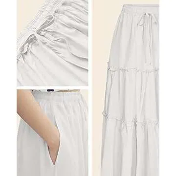 NASHALYLY Skirts for Women Boho Elastic Waisted Drawstring Swing Ruched 3 Tiered Maxi Skirt with Pockets(White,XS)