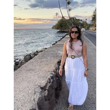 NASHALYLY Skirts for Women Boho Elastic Waisted Drawstring Swing Ruched 3 Tiered Maxi Skirt with Pockets(White,XS)