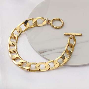 Reoxvo Cuban Curb Gold Link Chain Toggle Bracelet for Women