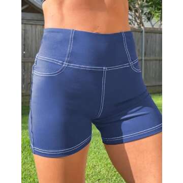 VOOVEEYA High Waisted Yoga Biker Shorts with Pockets - Butt Lifting Spandex Booty Shorts in Navy Blu...