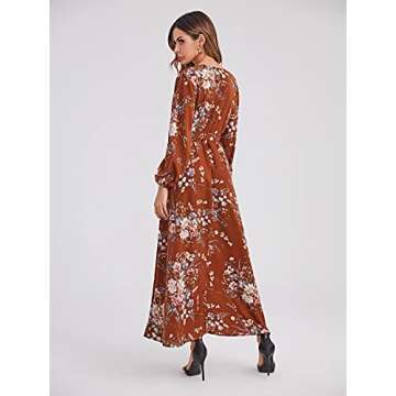 Floerns Women's Summer Wrap V Neck Long Sleeve Belted Floral Print Maxi Dress