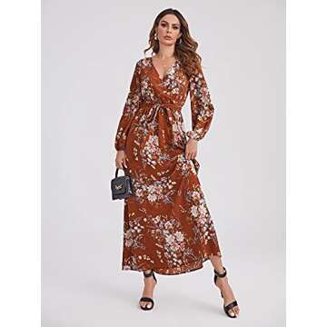 Floerns Women's Summer Wrap V Neck Long Sleeve Belted Floral Print Maxi Dress