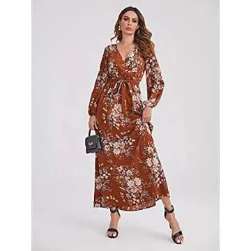 Floerns Women's Summer Wrap V Neck Long Sleeve Belted Floral Print Maxi Dress