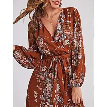 Floerns Women's Summer Wrap V Neck Long Sleeve Belted Floral Print Maxi Dress