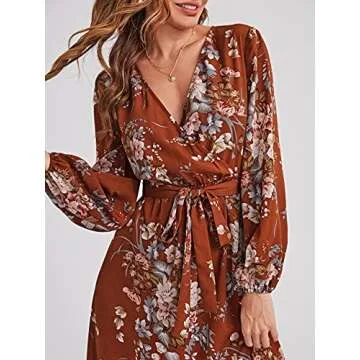 Floerns Women's Summer Wrap V Neck Long Sleeve Belted Floral Print Maxi Dress