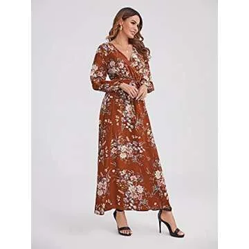 Floerns Women's Summer Wrap V Neck Long Sleeve Belted Floral Print Maxi Dress