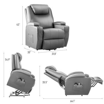 JUMMICO Power Lift Recliner Chair with Massage for Elderly PU Leather Modern Reclining Sofa Chair with Cup Holders, Remote Control, Adjustable Furniture (Gray)