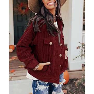 Womens Corduroy Shacket Button Down Shirts Casual Long Sleeve Shacket Boyfriend Blouses Tops, Claret Large