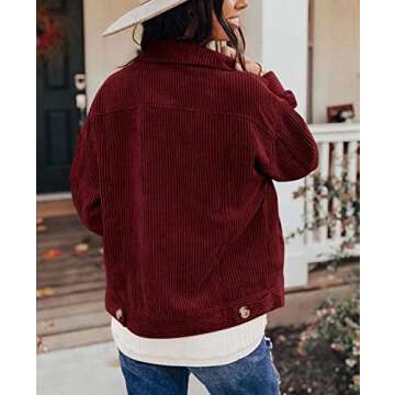 Womens Corduroy Shacket Button Down Shirts Casual Long Sleeve Shacket Boyfriend Blouses Tops, Claret Large