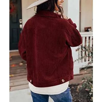 Womens Corduroy Shacket Button Down Shirts Casual Long Sleeve Shacket Boyfriend Blouses Tops, Claret Large
