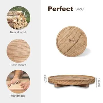 Round Decorative Tray Wood Bathroom Counter Organizer Farmhouse Kitchen Decor Wooden Riser for Soap Dish, Perfume, Candle, Sponge, 9" - Brown