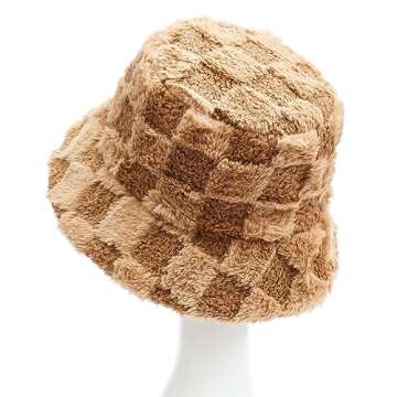 Fuzzy Checkerboard Printing Bucket Hat for Women Furry Fur Bucket Hat Winter Warm Plush Fisherman Fl...