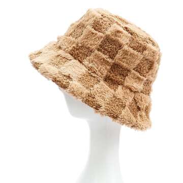 Fuzzy Checkerboard Printing Bucket Hat for Women Furry Fur Bucket Hat Winter Warm Plush Fisherman Fluffy Thick Bucket Hats