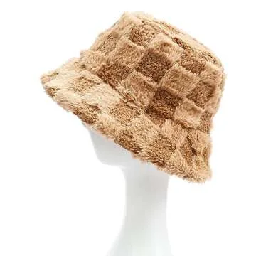 Fuzzy Checkerboard Printing Bucket Hat for Women Furry Fur Bucket Hat Winter Warm Plush Fisherman Fluffy Thick Bucket Hats