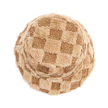 Fuzzy Checkerboard Printing Bucket Hat for Women Furry Fur Bucket Hat Winter Warm Plush Fisherman Fluffy Thick Bucket Hats
