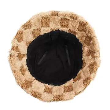 Fuzzy Checkerboard Printing Bucket Hat for Women Furry Fur Bucket Hat Winter Warm Plush Fisherman Fluffy Thick Bucket Hats