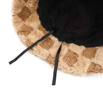 Fuzzy Checkerboard Printing Bucket Hat for Women Furry Fur Bucket Hat Winter Warm Plush Fisherman Fluffy Thick Bucket Hats