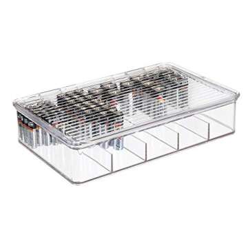 mDesign Plastic Stackable Divided Battery Storage Organizer Box Bin with Hinged Lid for AA, AAA, C, 9 Volt Sizes - Storage for Kitchens, Home Offices, Utility Rooms - 5 Compartments, 2 Pack - Clear