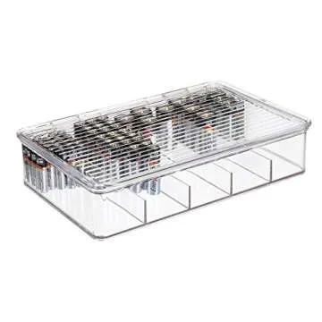 mDesign Plastic Stackable Divided Battery Storage Organizer Box Bin with Hinged Lid for AA, AAA, C, 9 Volt Sizes - Storage for Kitchens, Home Offices, Utility Rooms - 5 Compartments, 2 Pack - Clear