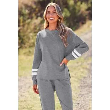 PRETTYGARDEN Women's Tie Dye Two Piece Pajamas Set Casual Long Sleeve Sweatshirt with Long Pants Loungewear (Striped Grey,Medium)