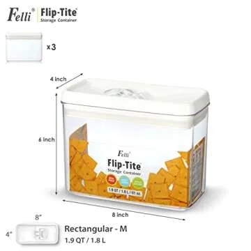 Felli Flip Tite Storage Container 4" RECTANGULAR Airtight Lid Seal Lock Top Stackable, Kitchen Counter Pantry Organizer Acrylic Canister Jar for Lasagna Pasta Spaghetti Granola Coffee Bean (1.9qt)