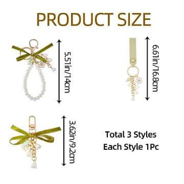 CRASPIRE 3Pcs Enamel Sakura Keychains Pendants Leather Pearl Beaded Wristlet Lanyard Lily of The Vally Tassel Keychain Alloy Light Gold Car Key Ring Charm with Hoop Universal for Women Wallet Decor