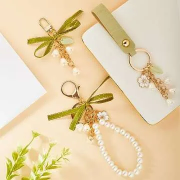 CRASPIRE 3Pcs Enamel Sakura Keychains Pendants Leather Pearl Beaded Wristlet Lanyard Lily of The Vally Tassel Keychain Alloy Light Gold Car Key Ring Charm with Hoop Universal for Women Wallet Decor