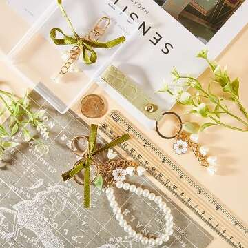 CRASPIRE 3Pcs Enamel Sakura Keychains Pendants Leather Pearl Beaded Wristlet Lanyard Lily of The Vally Tassel Keychain Alloy Light Gold Car Key Ring Charm with Hoop Universal for Women Wallet Decor