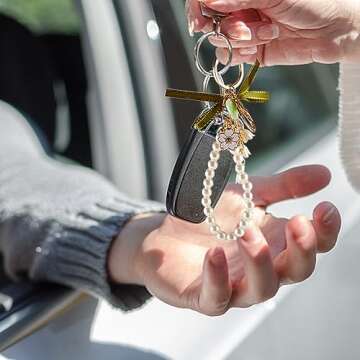 CRASPIRE 3Pcs Enamel Sakura Keychains Pendants Leather Pearl Beaded Wristlet Lanyard Lily of The Vally Tassel Keychain Alloy Light Gold Car Key Ring Charm with Hoop Universal for Women Wallet Decor